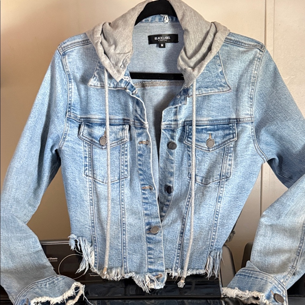 Black Label Distressed Light Blue Denim Jacket with Gray Hoodie Size M